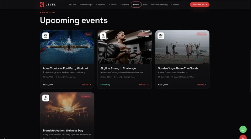 Gym website, events screen