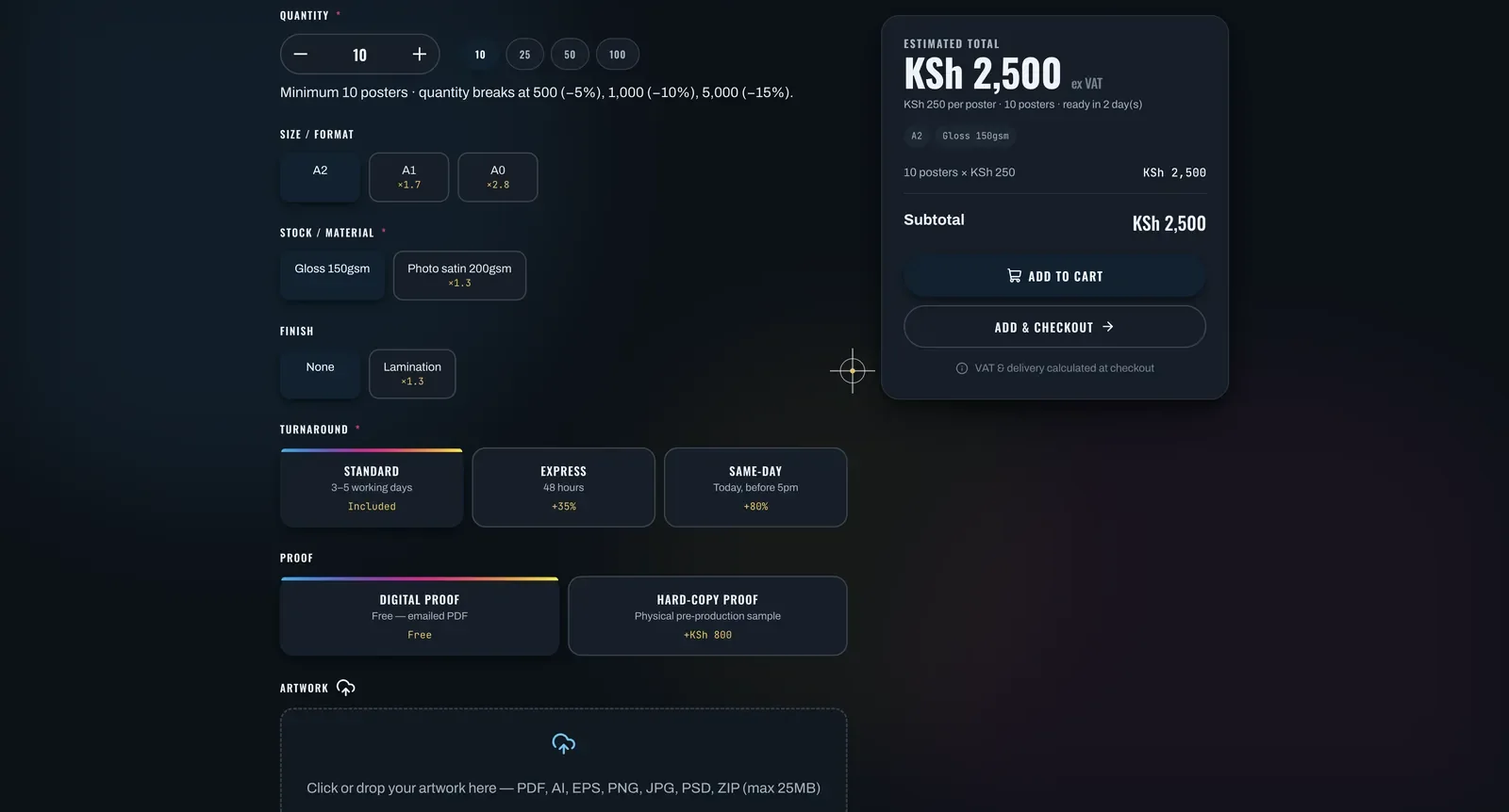 Print Knight’s job configurator, built by Ares: quantity, size, stock, finish, turnaround, proof and artwork upload, with a live estimated total