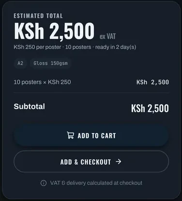 Print Knight estimated total panel: KSh 2,500 ex VAT for 10 A2 posters, with add to cart and checkout buttons