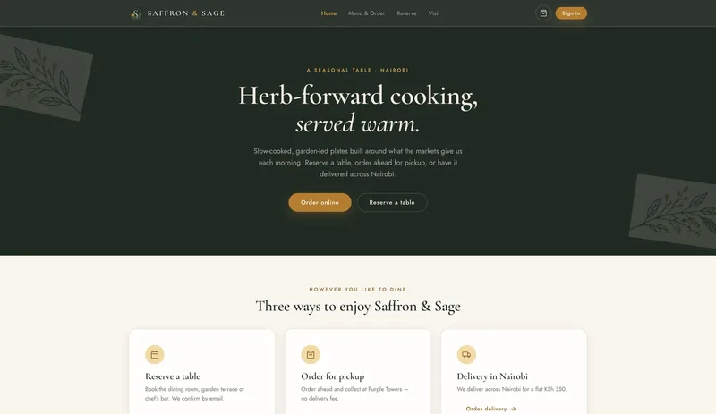 Restaurant website, home screen