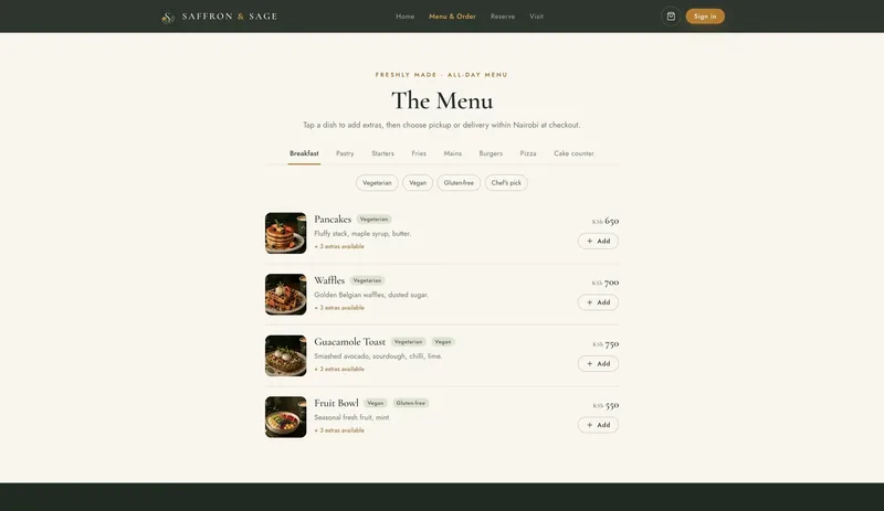 Restaurant website, menu & order screen