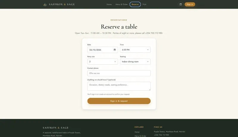 Restaurant website, reservations screen